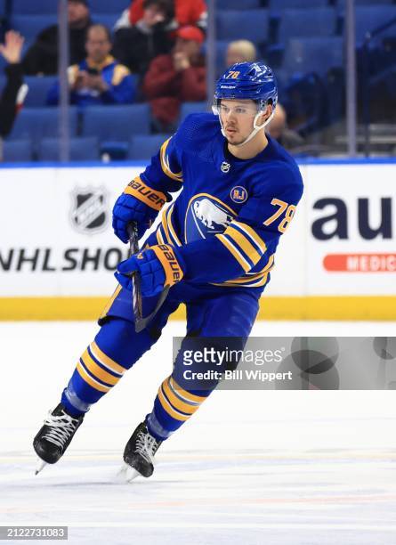 Jacob Bryson of the Buffalo Sabres skates against the Ottawa Senators during an NHL game on March 27, 2024 at KeyBank Center in Buffalo, New York.
