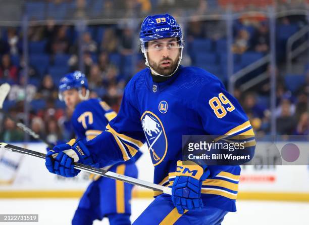 Alex Tuch of the Buffalo Sabres skates against the Ottawa Senators during an NHL game on March 27, 2024 at KeyBank Center in Buffalo, New York.