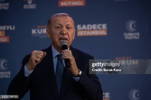 Turkey's President Recep Tayyip Erdogan speaks to supporters at his party’s Istanbul mayoral candidate Murat Kurum's campaign rally on March 29, 2024...