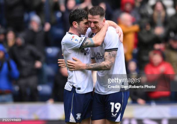 Emil Riis Jakobsen of Preston North End celebrates scoring his team's second goal during the Sky Bet Championship match between Preston North End and...