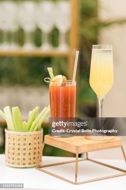 drinks at a sage green & white spring garden party in palm beach, florida in march of 2024 - mimosa stockfoto's en -beelden