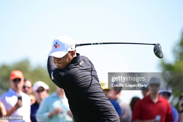 Si Woo Kim of South Korea hits a tee shot on the fourth hole during the second round of the Texas Children's Houston Open at Memorial Park Golf...