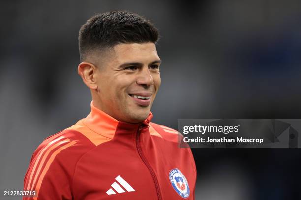 Esteban Pavez of Chile reacts during the warm up prior to the international friendly match between France and Chile at Stade Velodrome on March 26,...
