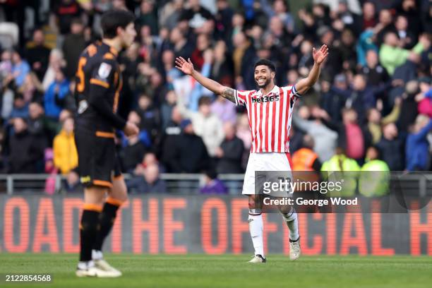 Josh Laurent of Stoke City celebrates scoring his team's first goal during the Sky Bet Championship match between Hull City and Stoke City at MKM...