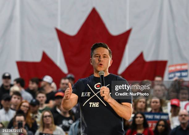 Leader of Canada's Conservative Party, Pierre Poilievre, speaks during a 'Spike the Hike - Axe the Tax' rally in Edmonton, on March 27 in Edmonton,...