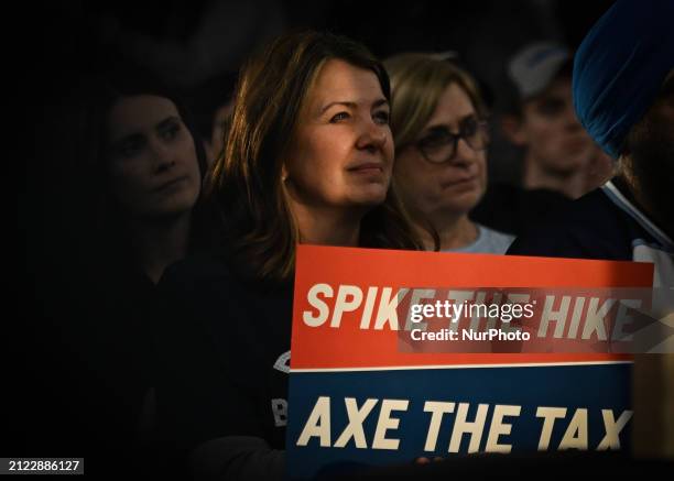 Danielle Smith, Premier of Alberta, seen at Pierre Poilievre's 'Spike the Hike - Axe the Tax' rally in Edmonton, on March 27 in Edmonton, Alberta,...