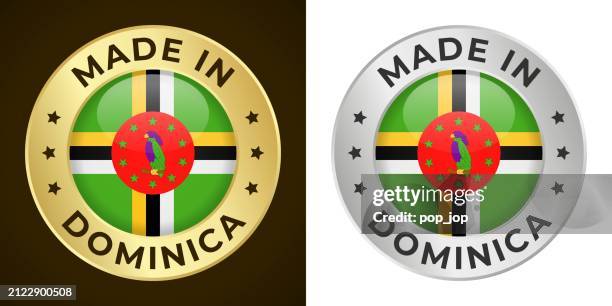 made in dominica - vector graphics. round golden and silver label badge emblem set with flag of dominica and text made in dominica. isolated on white and dark backgrounds - hispaniola stock illustrations