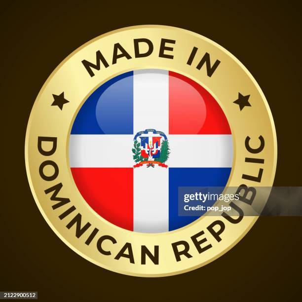 made in dominican republic - vector graphics. round golden label badge emblem with flag of dominican republic and text made in dominican republic. isolated on dark background - hispaniola stock illustrations