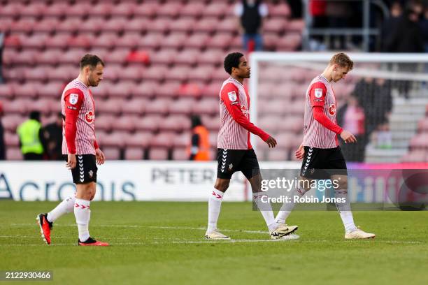 Ryan Fraser, Kyle Walker-Peters and Flynn Downes of Southampton after their sides 1-1 draw during the Sky Bet Championship match between Southampton...