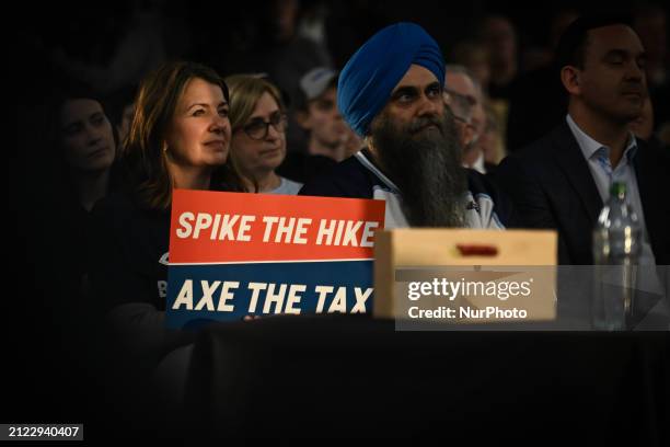 Danielle Smith, Premier of Alberta and Tim Uppal, Conservative Party MP from Edmonton, are seen at Pierre Poilievre's 'Spike the Hike - Axe the Tax'...