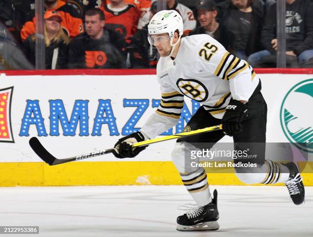Brandon Carlo of the Boston Bruins skates against the Philadelphia Flyers at the Wells Fargo Center on March 23, 2024 in Philadelphia, Pennsylvania.