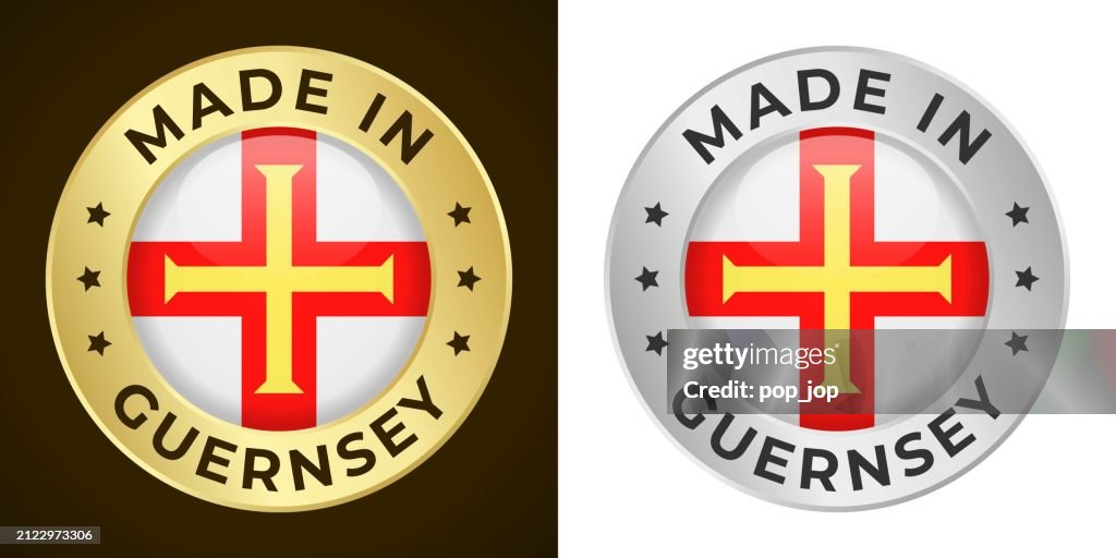 Made in Guernsey - Vector Graphics. Round Golden and Silver Label Badge Emblem Set with Flag of Guernsey and Text Made in Guernsey. Isolated on White and Dark Backgrounds