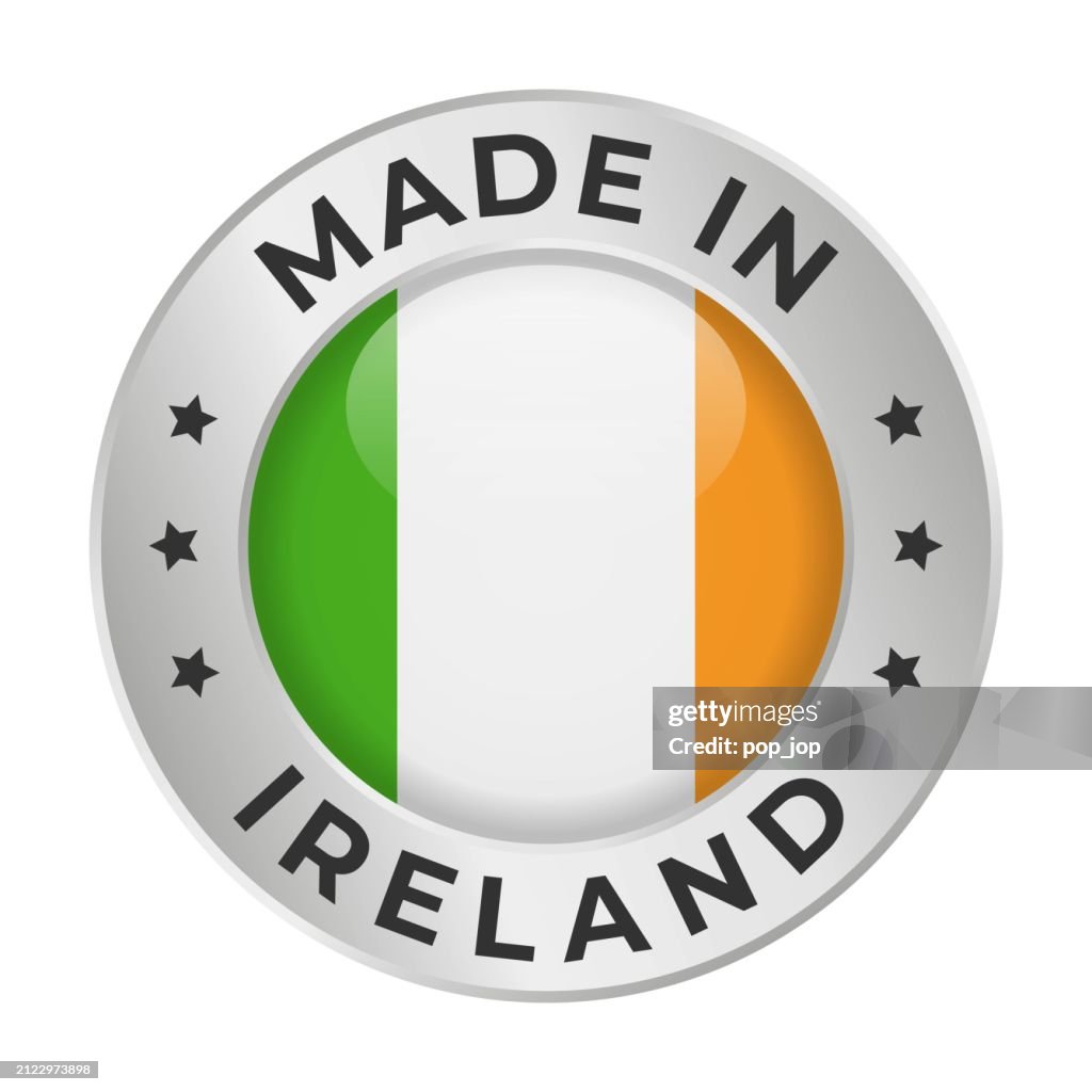 Made in Ireland - Vector Graphics. Round Silver Label Badge Emblem with Flag of Ireland and Text Made in Ireland. Isolated on White Background