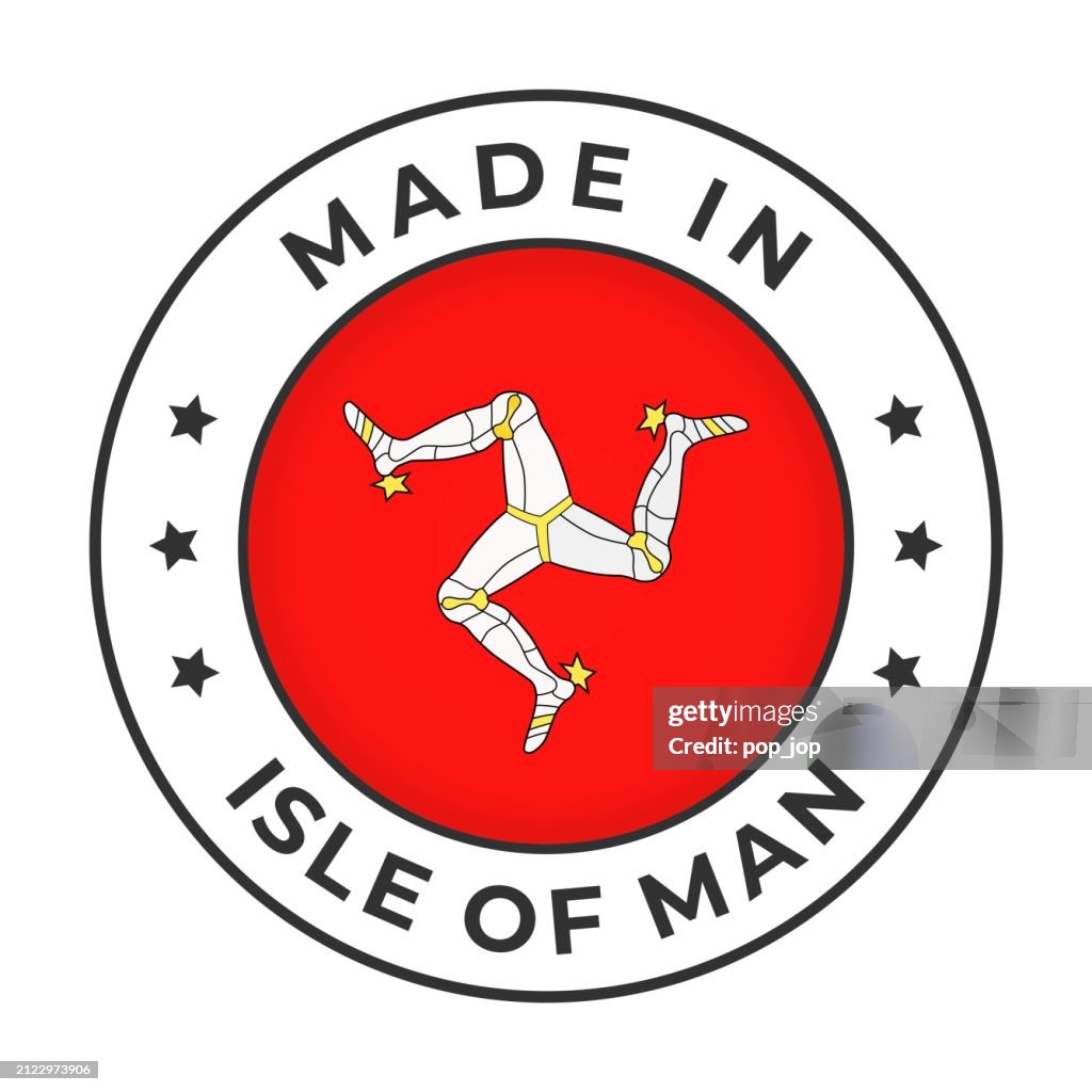 Made in Isle Of Man - Vector Graphics. Round Simple Label Badge Emblem with Flag of Isle Of Man and Text Made in Isle Of Man. Isolated on White Background