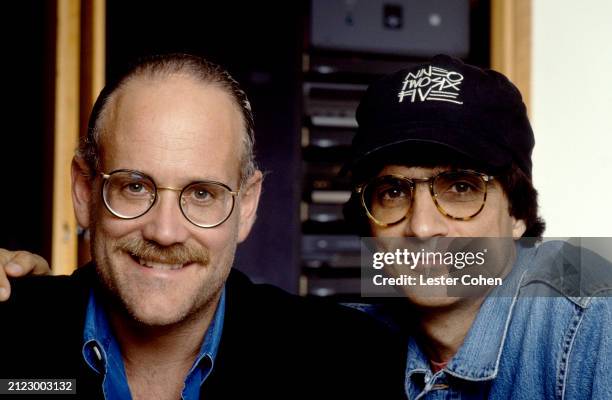American media mogul Ted Field and American entrepreneur Jimmy Iovine pose for a portrait during the launch of Interscope Records in Los Angeles,...