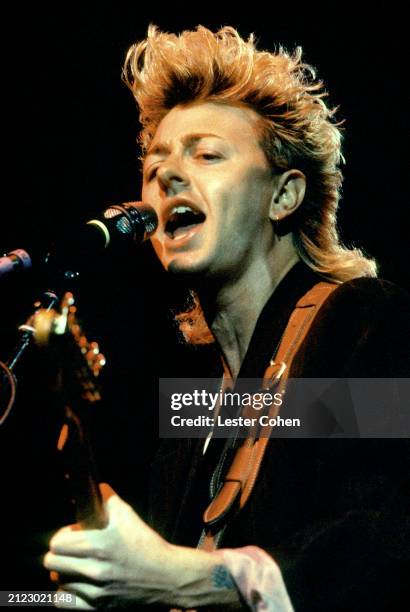 American guitarist Brian Setzer, of the American rockabilly band Stray Cats, performs on stage during a concert in Los Angeles, California, circa...
