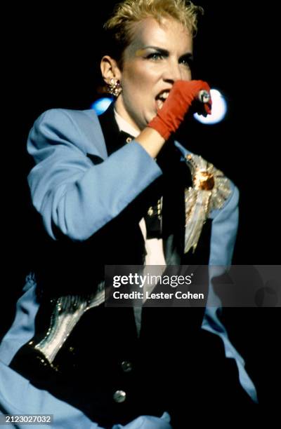 Scottish singer-songwriter Annie Lennox, of the British pop duo The Eurythmics, sing during a concert at The Roxy in West Hollywood, California, June...