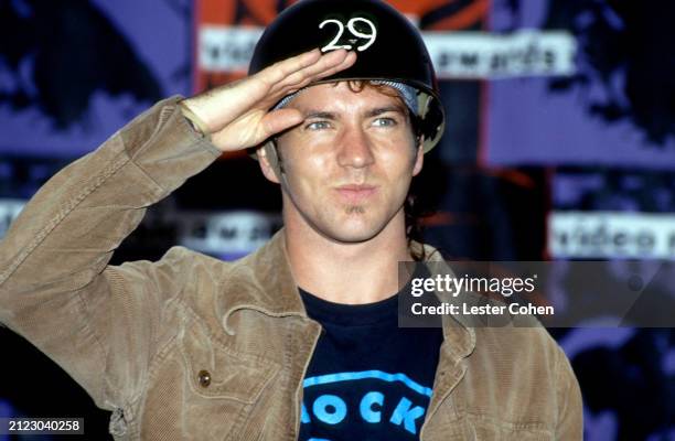 American musician Eddie Vedder, of the American rock band Pearl Jam, poses for a portrait during the 1992 MTV Video Music Awards, held at UCLA's...