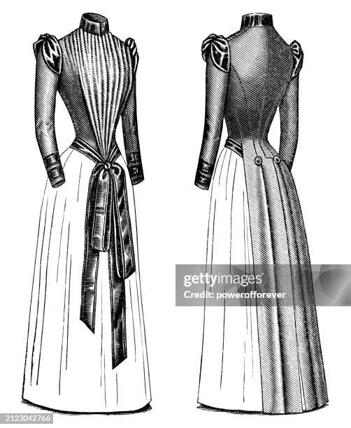 1890s victorian fashion, ladies dinner dress with ruched basque bodice and ribbon (front and back) - 19th century - victorian era dresses stock illustrations