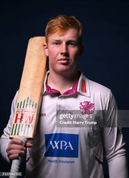 James Rew of Somerset poses for a portrait during the Somerset CCC Photocall at the Cooper Associates County Ground on March 28, 2024 in Taunton,...