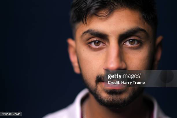 Shoaib Bashir of Somerset poses for a portrait during the Somerset CCC Photocall at the Cooper Associates County Ground on March 28, 2024 in Taunton,...