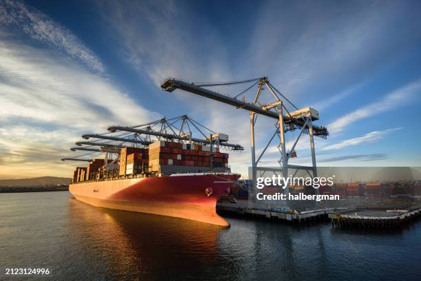 low angle aerial shot of cranes looming over container ship - containerschip stockfoto's en -beelden