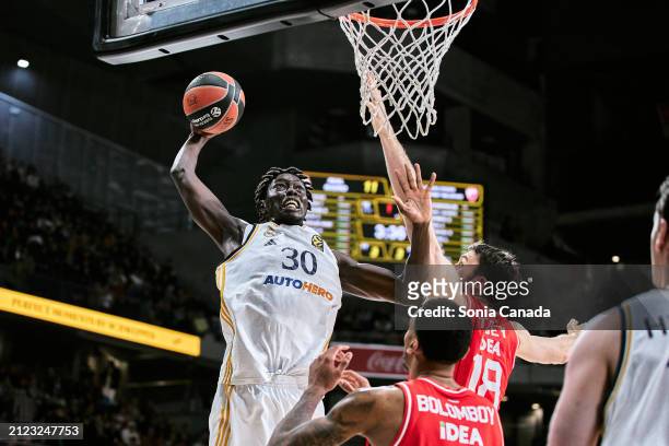 Eli John Ndiaye of Real Madrid dunks the ball during the Turkish Airlines EuroLeague Regular Season Round 32 match between Real Madrid and Crvena...