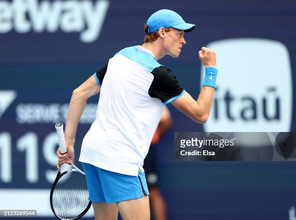Jannik Sinner of Italy celebrates his point win in the first set against Daniil Medvedev during the Men's semifinal at Hard Rock Stadium on March 29,...
