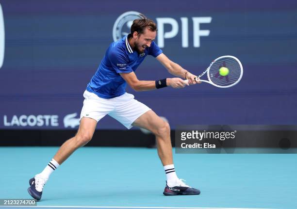Daniil Medvedev of Russia returns a shot during the Men's semifinal against Jannik Sinner of Italy at Hard Rock Stadium on March 29, 2024 in Miami...