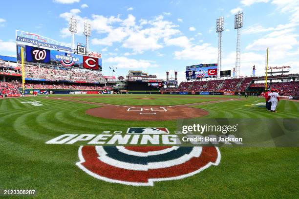 General view of the Opening Day graphic on the field prior to a game between the Cincinnati Reds and the Washington Nationals at Great American Ball...