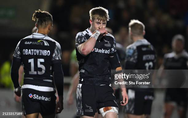 Falcons wing Ben Redshaw reacts as the Falcons concede a second try during the Gallagher Premiership Rugby match between Newcastle Falcons and...