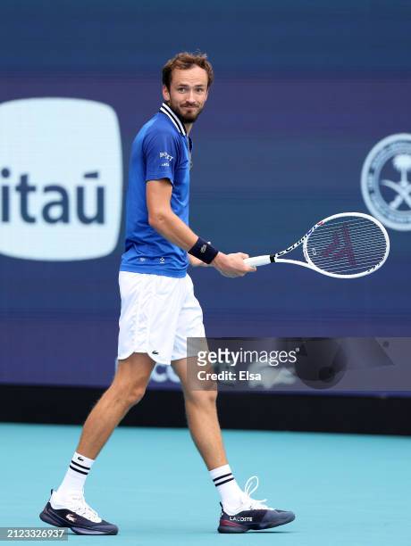 Daniil Medvedev of Russia reacts during the Men's semifinal against Jannik Sinner of Italy at Hard Rock Stadium on March 29, 2024 in Miami Gardens,...