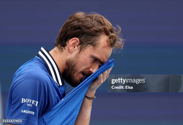 Daniil Medvedev of Russia reacts during the Men's semifinal against Jannik Sinner of Italy at Hard Rock Stadium on March 29, 2024 in Miami Gardens,...