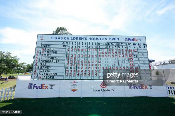 General view of the scoreboard during the second round of the Texas Children's Houston Open at Memorial Park Golf Course on March 29, 2024 in...