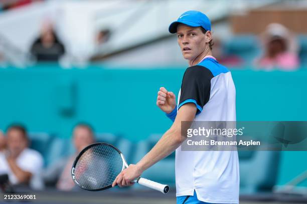 Jannik Sinner of Italy reacts against Daniil Medvedev during the Men's semifinal on Day 14 of the Miami Open at Hard Rock Stadium on March 29, 2024...