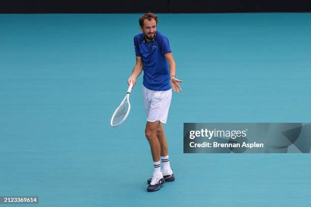 Daniil Medvedev reacts against Jannik Sinner of Italy during the Men's semifinal on Day 14 of the Miami Open at Hard Rock Stadium on March 29, 2024...