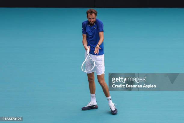 Daniil Medvedev reacts against Jannik Sinner of Italy during the Men's semifinal on Day 14 of the Miami Open at Hard Rock Stadium on March 29, 2024...