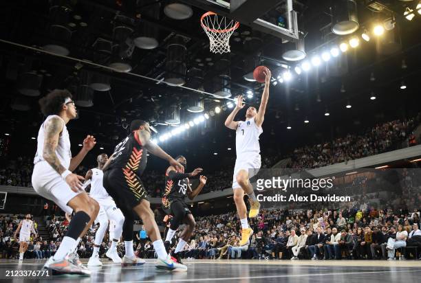 Sebastian Herrera of Paris Basketball dunks for 2 points in the second quarter during the Euro Cup Finals match between London Lions and Paris...