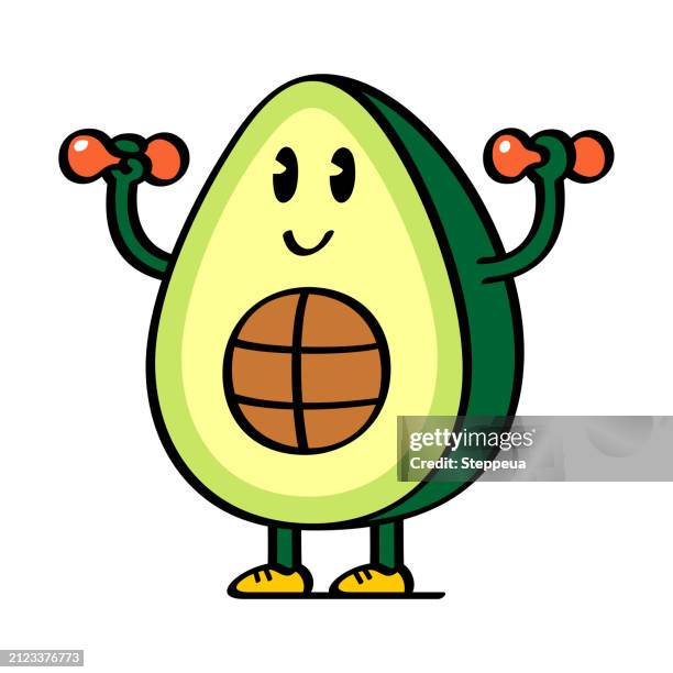 avocado doing exercises with dumbbells - fruit vegetable stock illustrations
