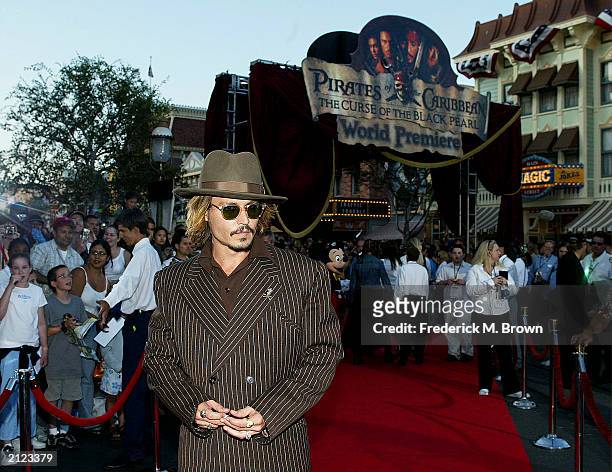 Actor Johnny Depp attends the film premiere of "Pirates of the Caribbean" at Disneyland on June 28, 2003 in Anaheim, California.