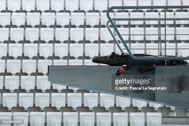 Seats of the Olympic Aquatic Centre are pictured on March 28, 2024 in Paris, France. Paris will host the Summer Olympics from July 26 till August 11,...