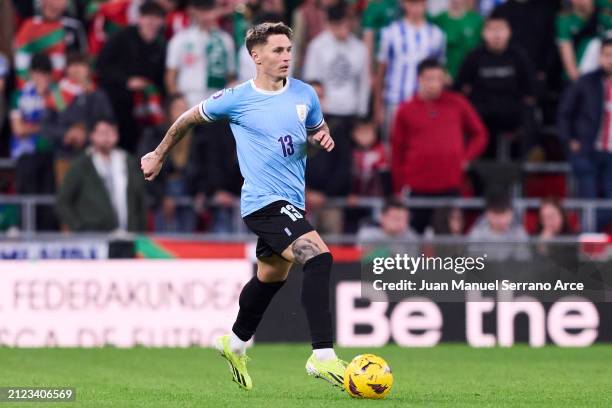 Guillermo Varela of Uruguay in action during the Friendly Match Pais Vasco v Uruguay at Estadio de San Mames on March 23, 2024 in Bilbao, Spain.