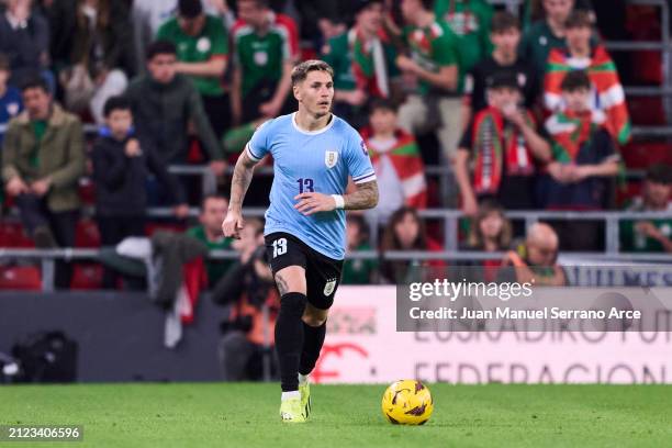 Guillermo Varela of Uruguay in action during the Friendly Match Pais Vasco v Uruguay at Estadio de San Mames on March 23, 2024 in Bilbao, Spain.