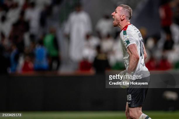 Paulo Victor Of Al Ettifaq reacts in celebration after the second Al-Ettifaq goal during the Saudi Pro League match between Al-Ettifaq and Al-Ahli...