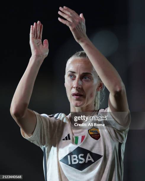 Anja Sonstevold of AS Roma celebrates following the Women Serie A Playoffs match between FC Internazionale and AS Roma at Arena Civica Gianni Brera...