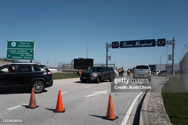 Traffic leaves the cruise ship terminal in the Port of Baltimore on March 29, 2024 in Baltimore, Maryland. The port is currently inaccessible, with...