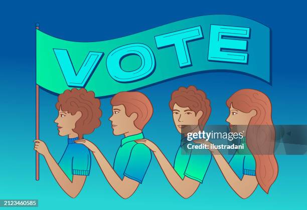 group with vote flag - marching together stock illustrations