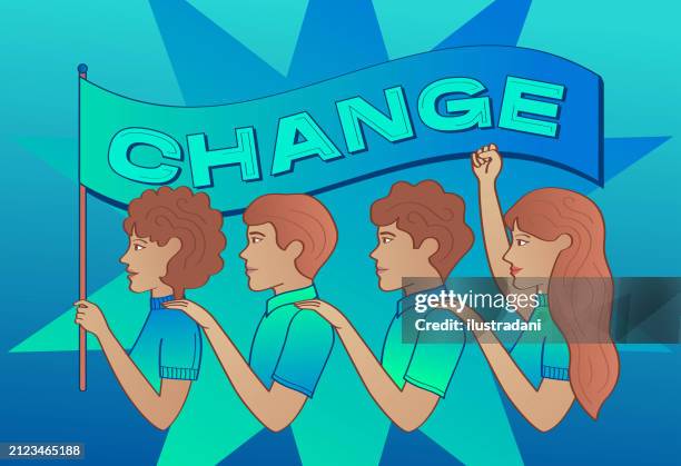 young group with change flag - marching together stock illustrations
