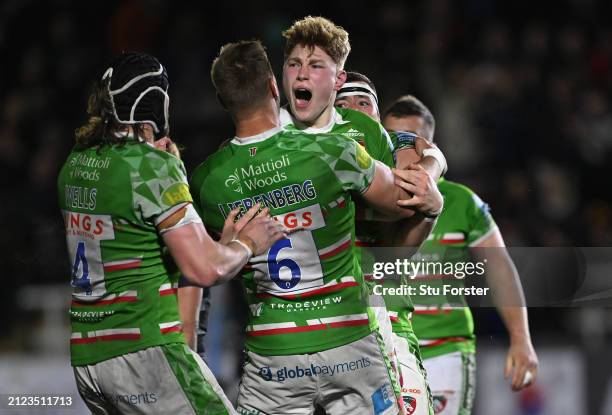 Tigers player Hanro Liebenberg celebrates with Finn Carnduff on the final whistle during the Gallagher Premiership Rugby match between Newcastle...