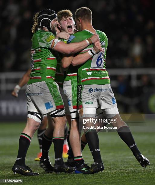 Tigers player Hanro Liebenberg celebrates with Finn Carnduff on the final whistle during the Gallagher Premiership Rugby match between Newcastle...